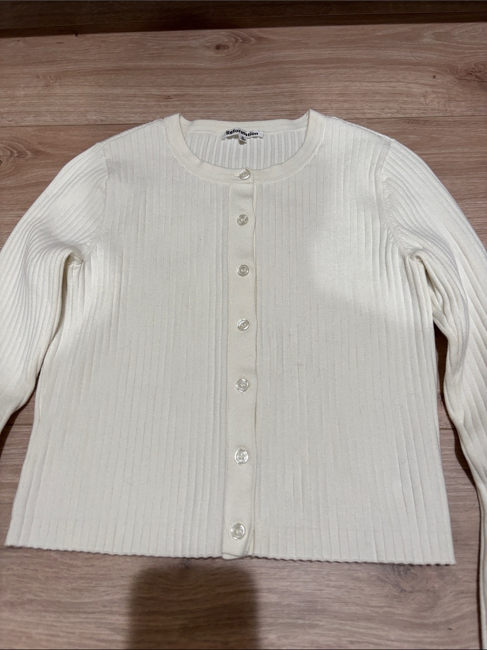 Reformation Ivory Ribbed Cropped Button-Front Cardigan - Picture 3 of 4